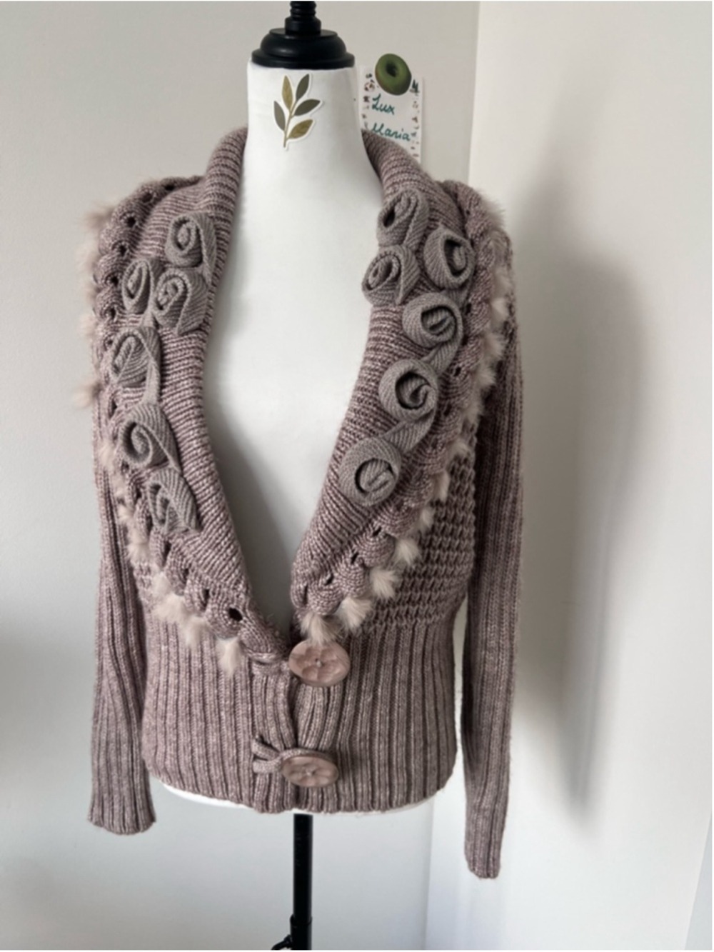Women’s Taupe Knit Cardigan Sweater with Decorative Collar